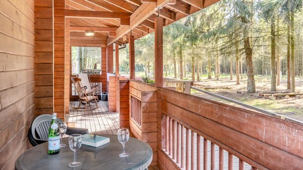 A wooden cabin with a covered porch, a table with wine glasses and a bottle, and a view of a forest.