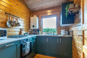Cocina compacta con paredes de madera, horno empotrado, microondas y estufa a gas.