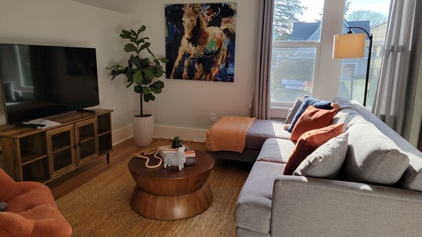 A living room with a TV, a large potted plant, a painting, and a sofa with cushions. - Charming 1-bedroom apartment. Walk everywhere! A perfect Bellingham getaway. (Bellingham)