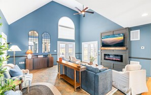 Smart TV, fireplace, video games, books