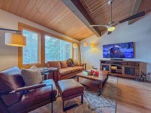 Smart-TV, Kamin, Bücher, Stereoanlage