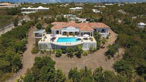 Ett stort hus med en swimmingpool, omgivet av träd och andra hus.