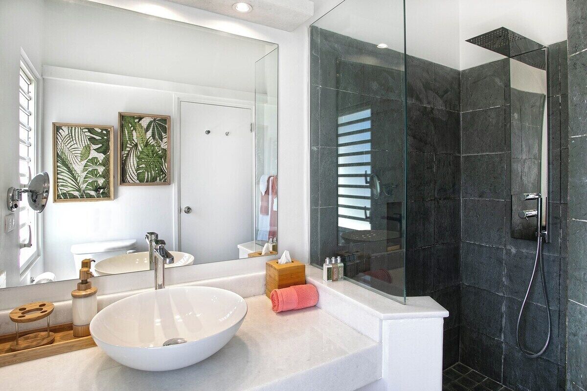 A modern bathroom with a large white sink, two framed leaf artworks, a wooden soap dish, and a glass shower enclosure.