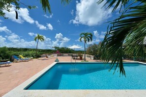 A swimming pool with lounge chairs, palm trees, and a clear blue sky. - Les Zephyr's   West Indian Style Villa   Stunning Views (Saint Martin)