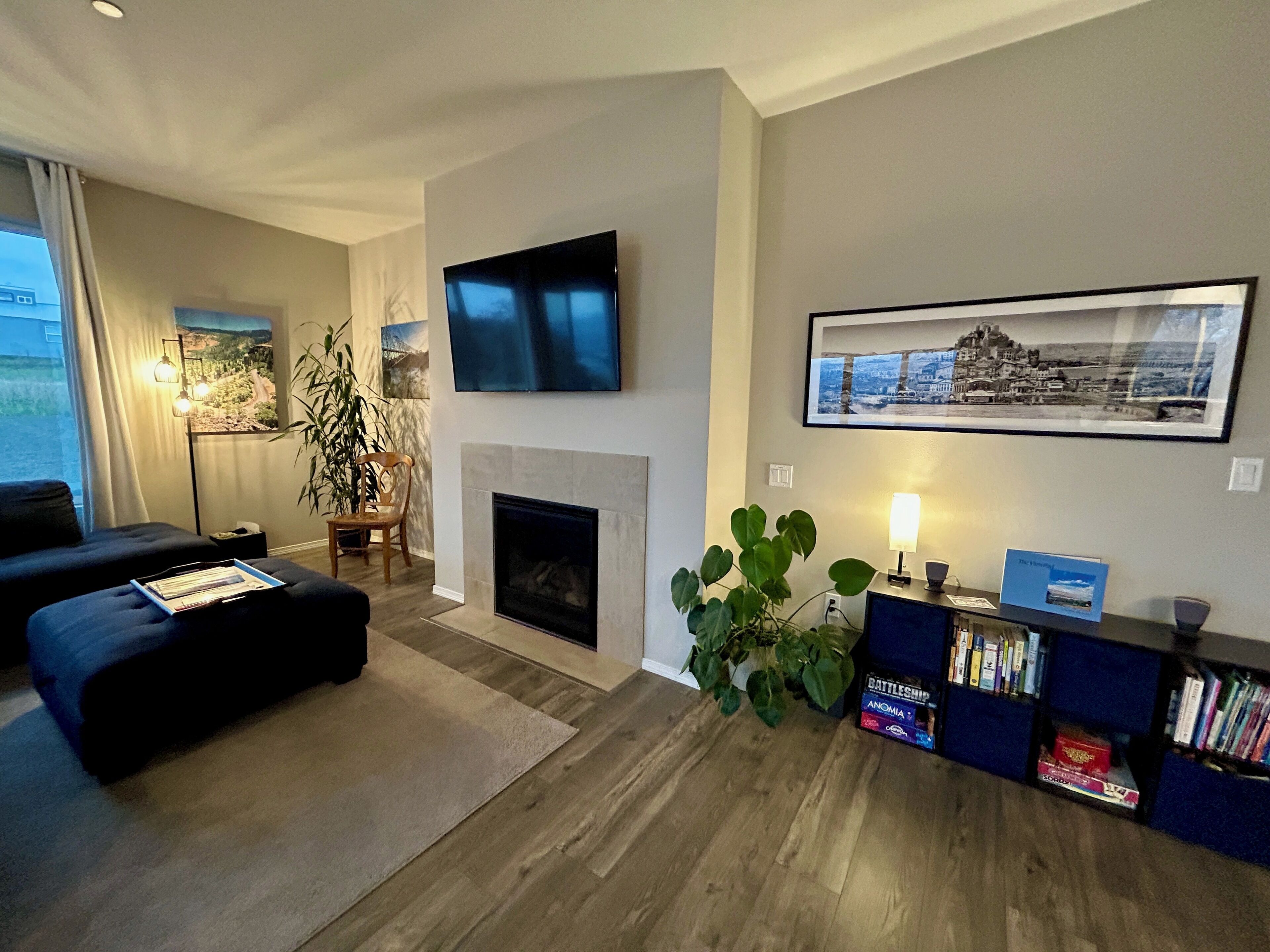 Sala de estar con chimenea, televisor de pantalla plana en la pared, estantería y un ventanal con cortinas.