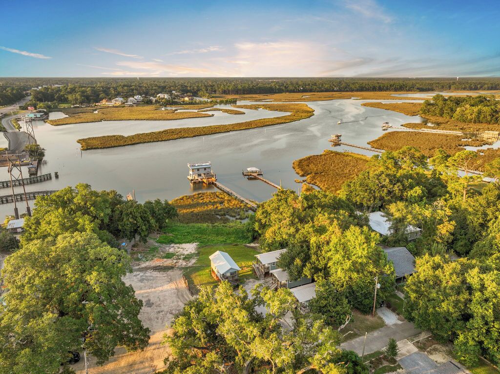 An aerial view of a coastal area with a marina, boats, and residential buildings surrounded by dense vegetation.