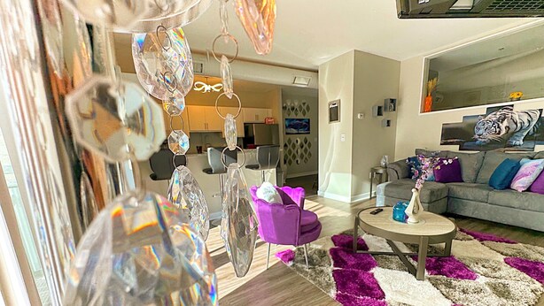 A modern living room with a purple sofa, a coffee table, and a rug.