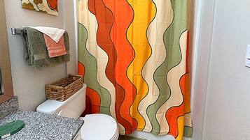 Hair dryer, towels, soap, toilet paper