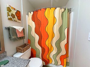 Hair dryer, towels, soap, toilet paper