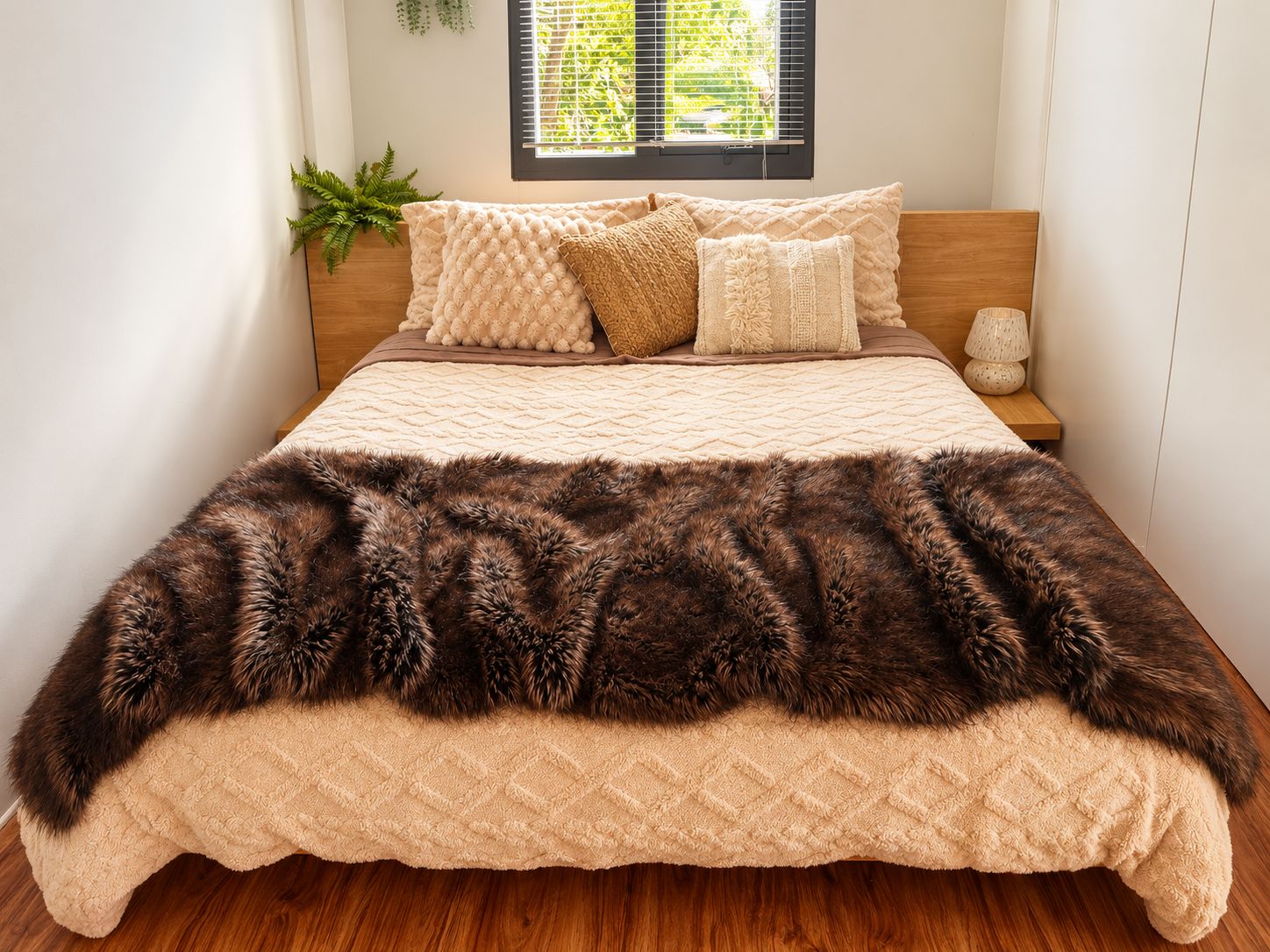 A bed with a quilted headboard, a fluffy brown throw blanket, and a bedside lamp.