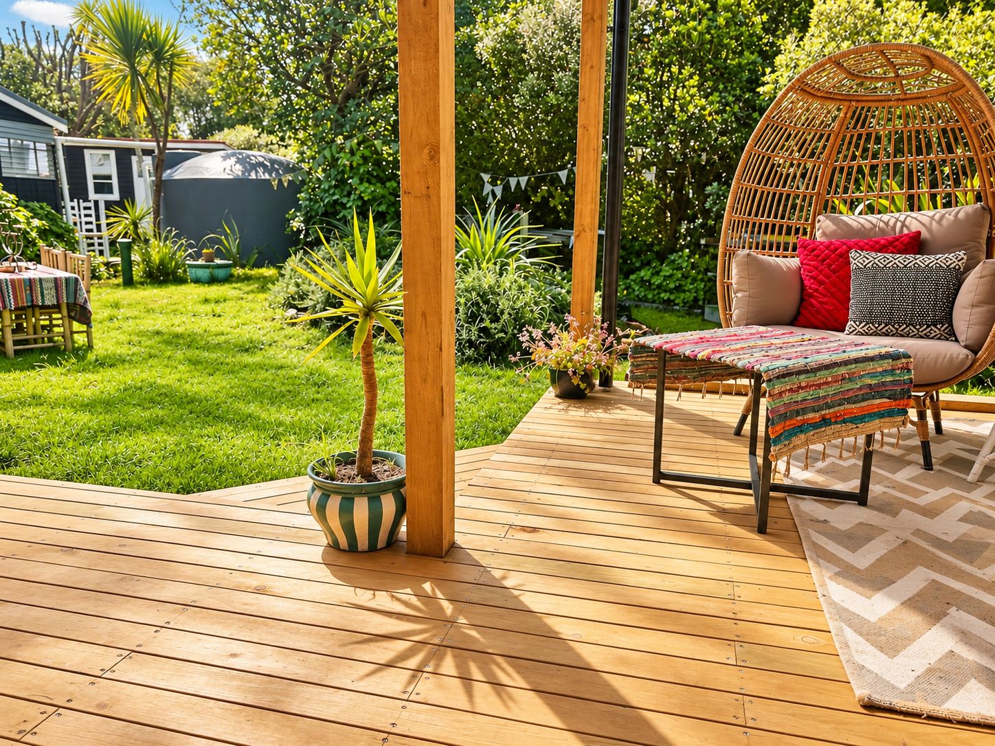 A wooden deck with a wicker chair and a table, surrounded by greenery and a small garden.
