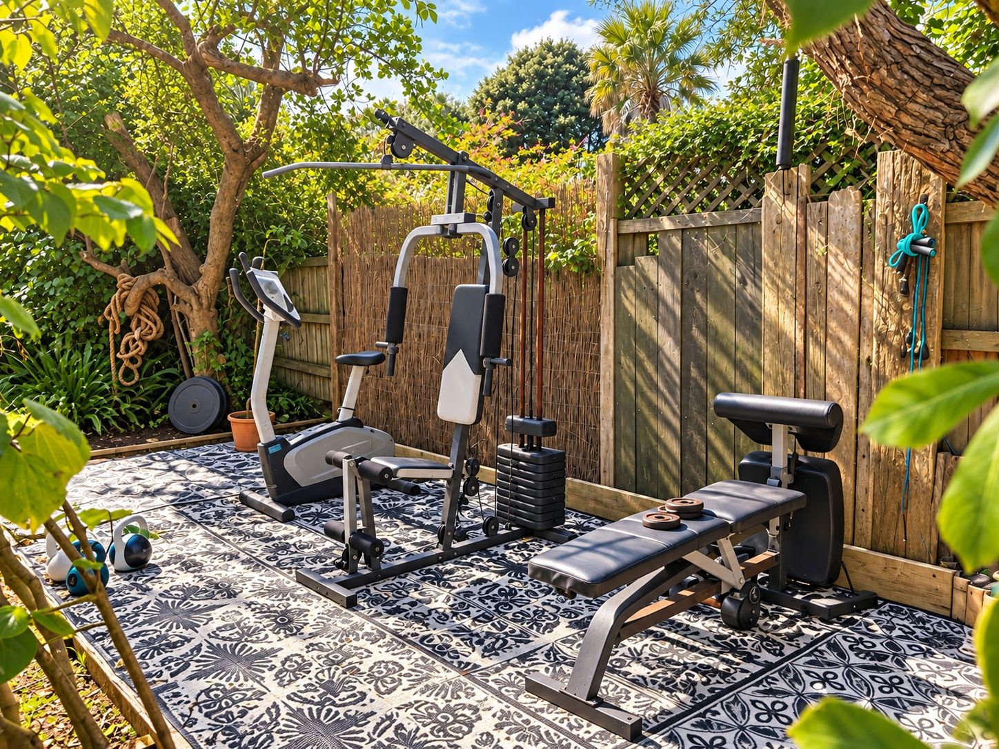 An outdoor gym with exercise equipment, a wooden fence, and a patterned floor.