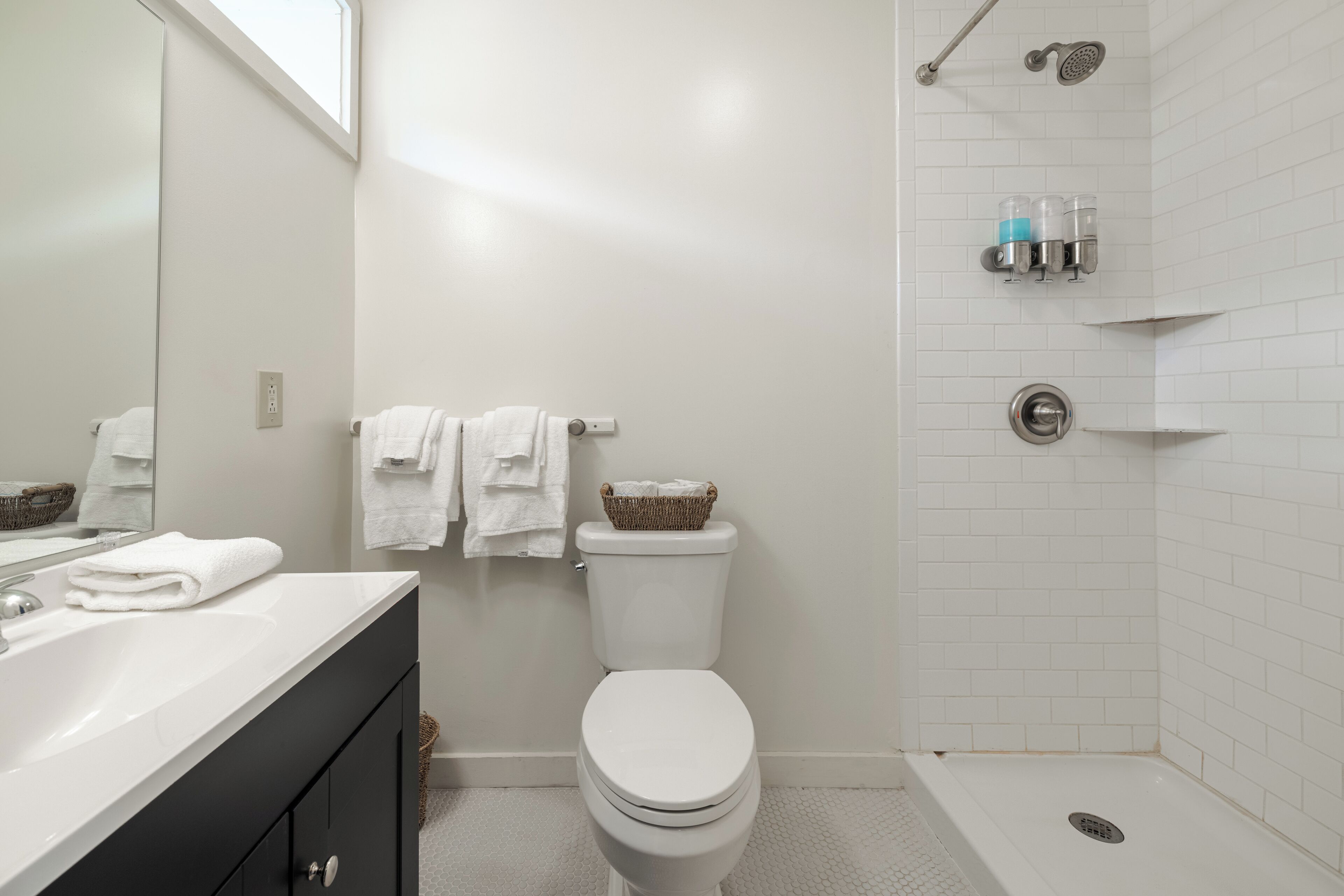 Shower, towels, soap, shampoo