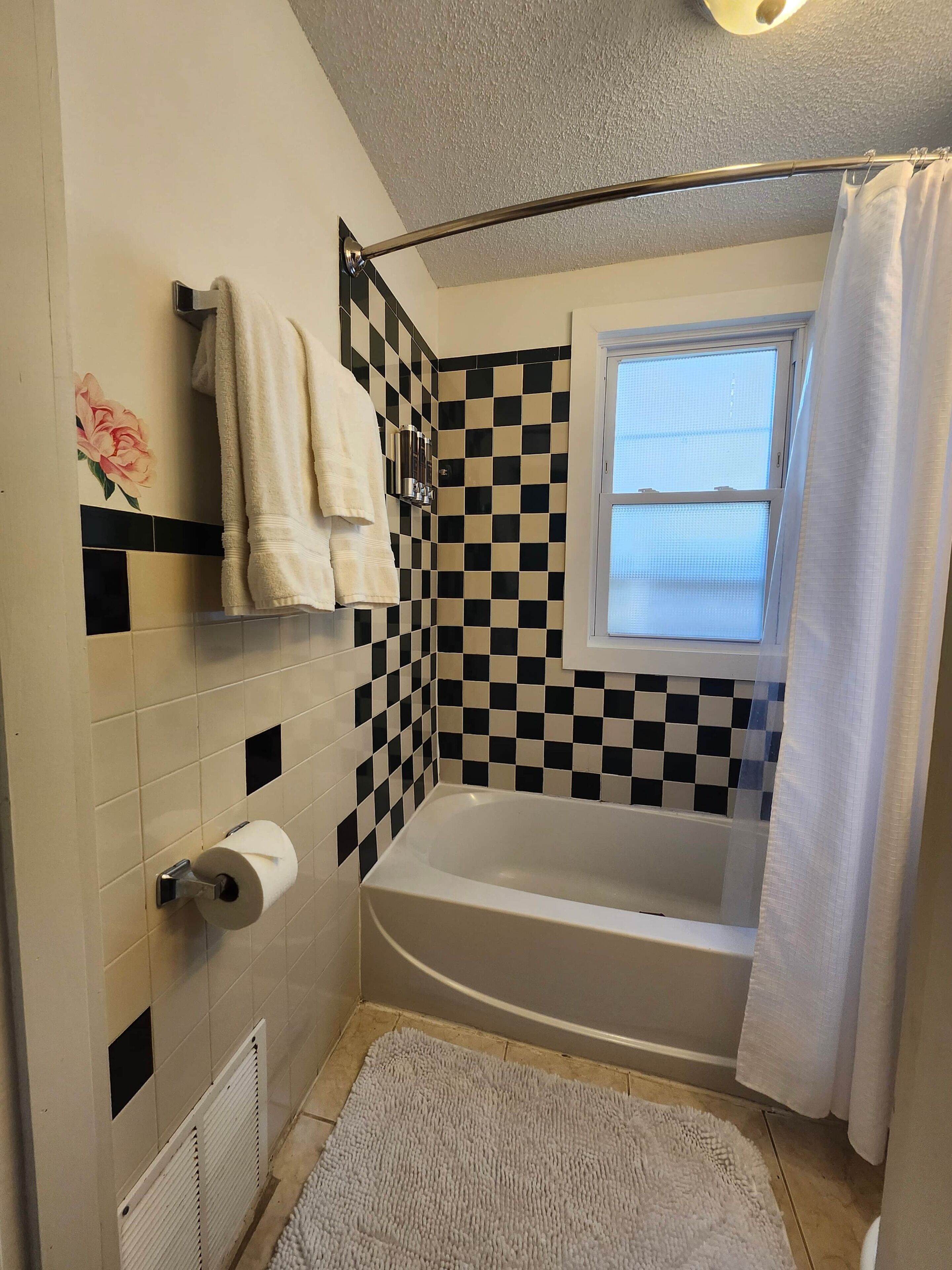 Hair dryer, towels, soap, toilet paper