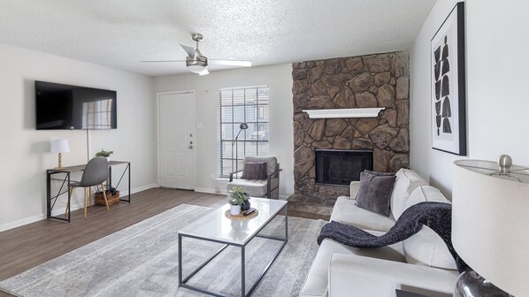 Apartment (2 Bedrooms) | Living area | 50-inch Smart TV with digital channels, ping pong - Landing Apartments near Southridge (Denton)