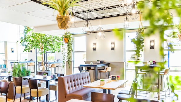A modern cafe with a central seating area, hanging plants, and a view of the outdoors. - Tiny House Near North Sea Beach (Kamperland)