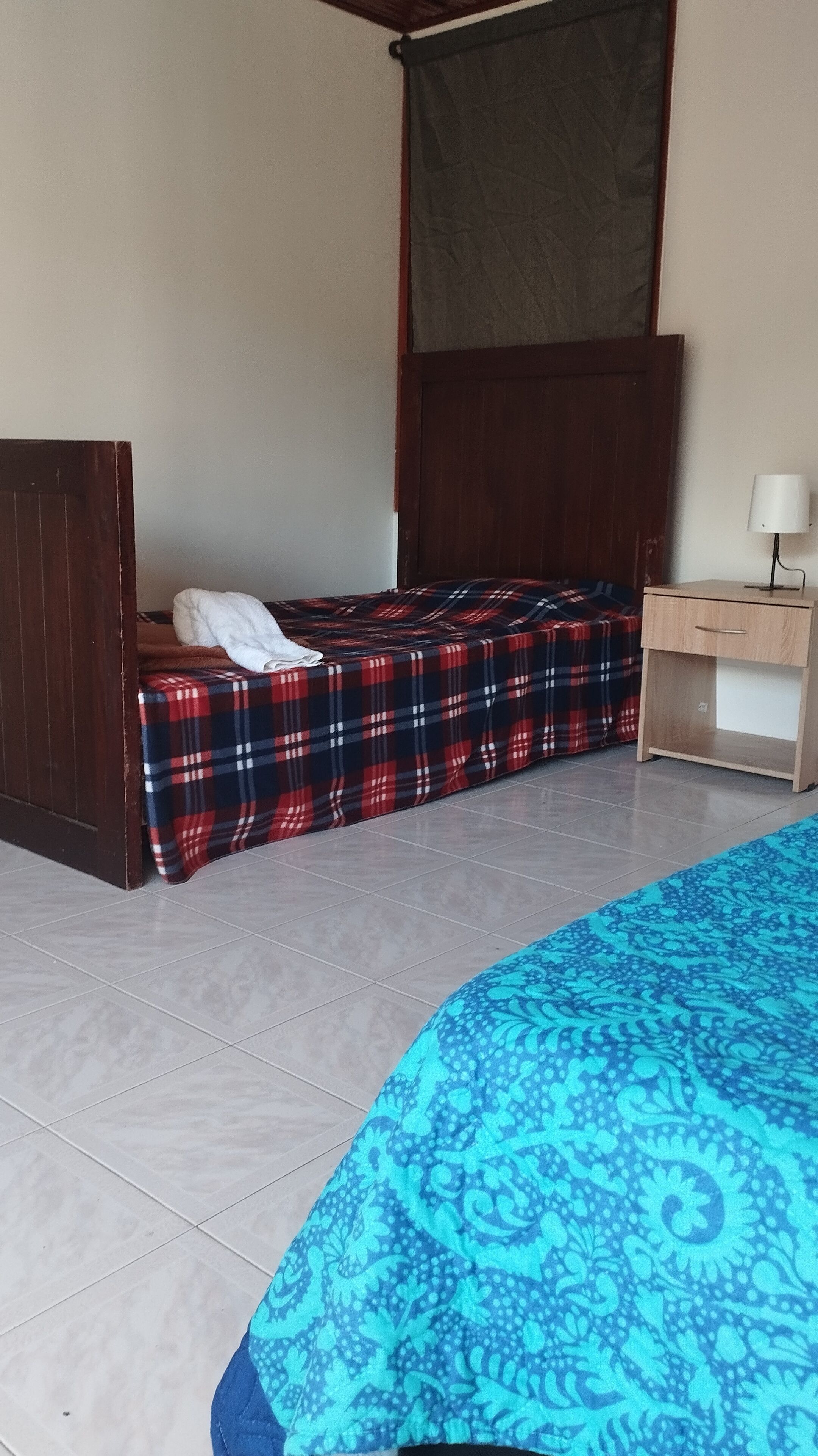 A bedroom with a bed covered in a red and black plaid blanket, a wooden headboard, a nightstand with a lamp, and a blue patterned area rug.