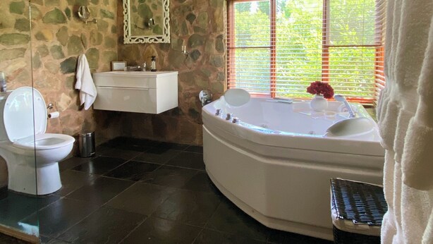 A bathroom with a stone wall, a bathtub, a toilet, and a sink. - Luxury Riverfront Nature Stay — Nature, Walkersons Dining & Dullstroom Access (Dullstroom)