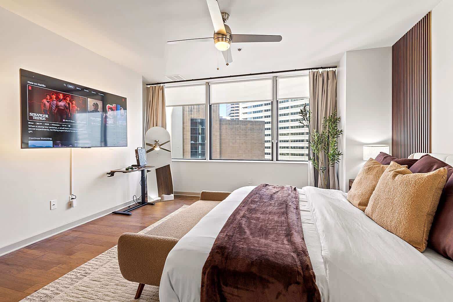 1 bedroom, desk, iron/ironing board, travel crib