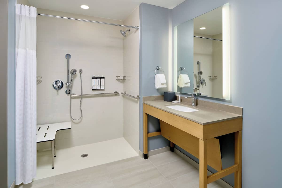 Une salle de bain moderne avec une douche à l’italienne, un meuble-lavabo et un grand miroir.