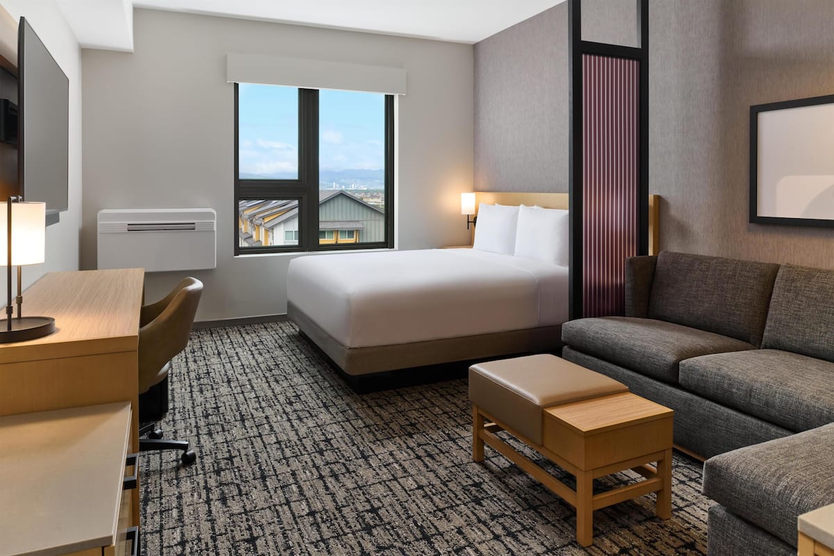 A hotel room with a bed, a desk, a chair, a sofa, a small table, a TV, and a window with a city view.