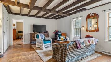 TV, fireplace, DVD player, books