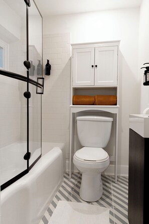 Hair dryer, towels, soap, shampoo