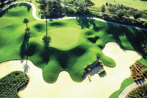 Un parcours de golf avec des bunkers de sable, des obstacles d’eau et des palmiers.