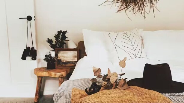 A neatly arranged bedroom with a bed, bedside table, and a hanging plant. - Premium Halls Gap Holiday Home - Firepit and Local Wine (Halls Gap)