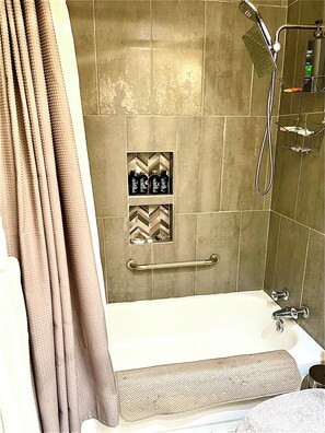 Hair dryer, towels, soap, shampoo