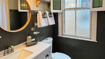 Shower, hair dryer, bidet, towels