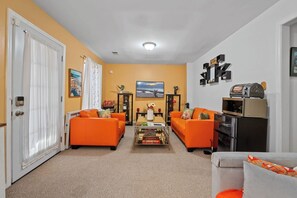 TV, fireplace, books