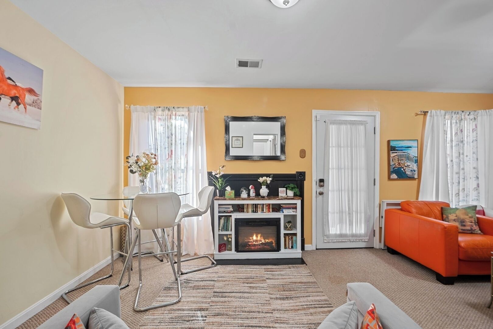 Télévision, cheminée, livres