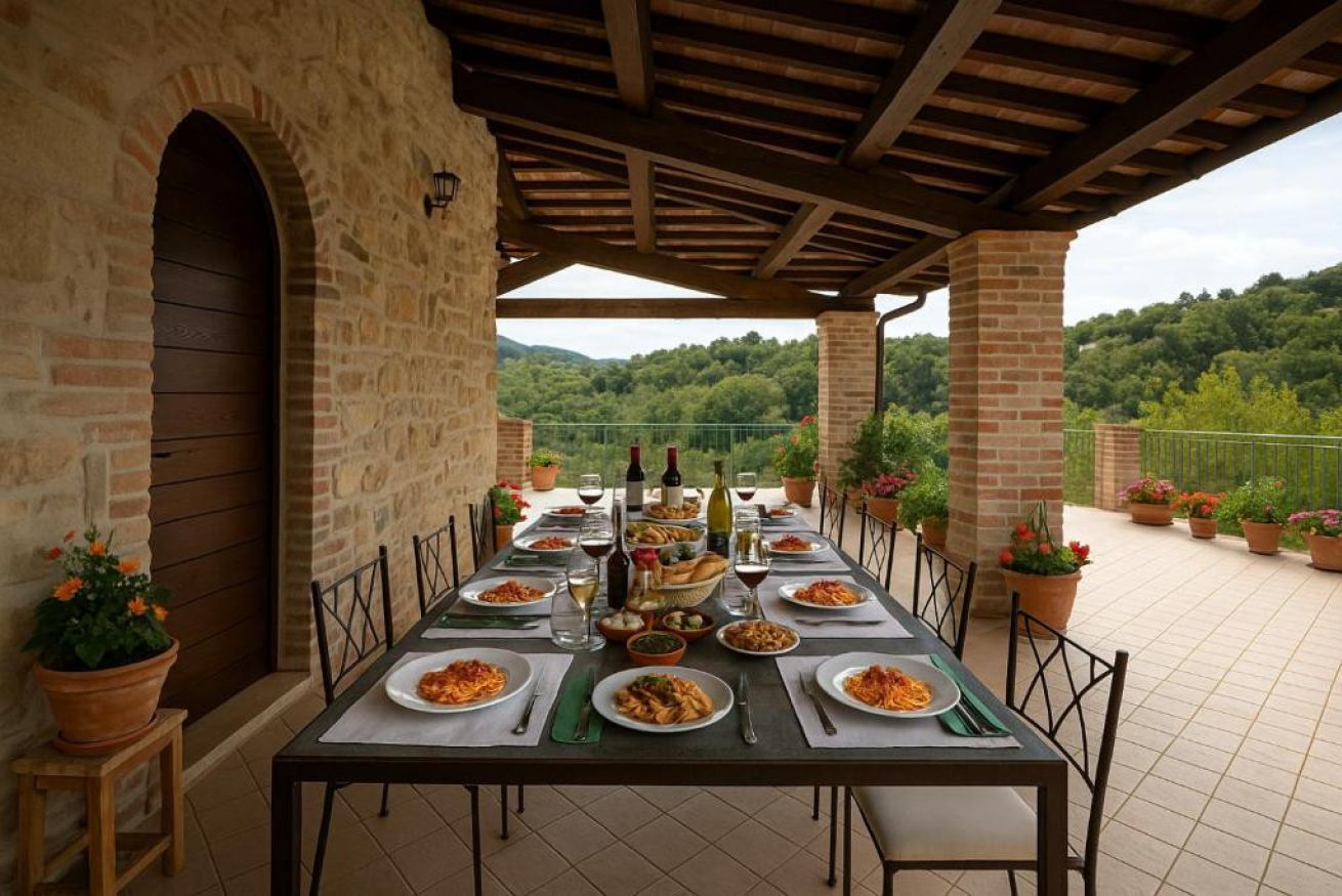 An outdoor dining area with a long table set for a meal, surrounded by brick pillars and potted plants.