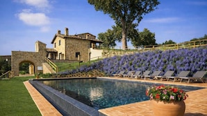Ein Pool mit einer Steinmauer, einem Steinhaus und einer Reihe lila Blumen.