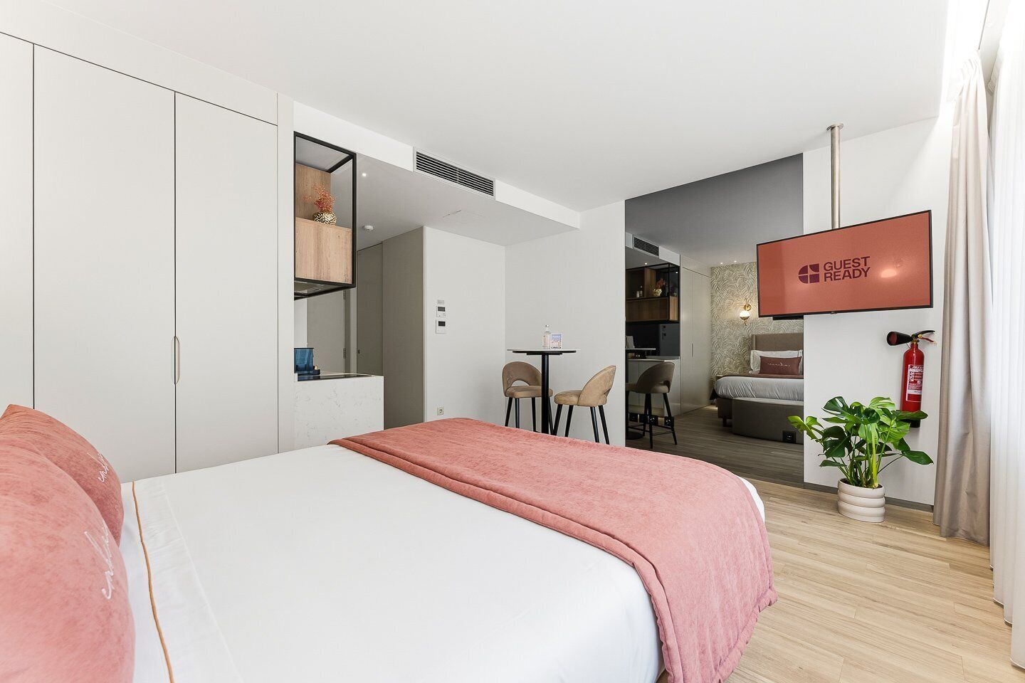 A modern hotel room with a bed, a small desk, a chair, a sofa, a TV, and a plant.
