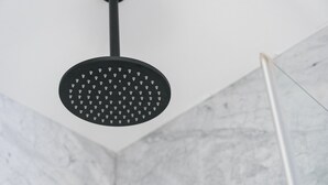 Un cabezal de ducha con diseño circular y una sola palanca.