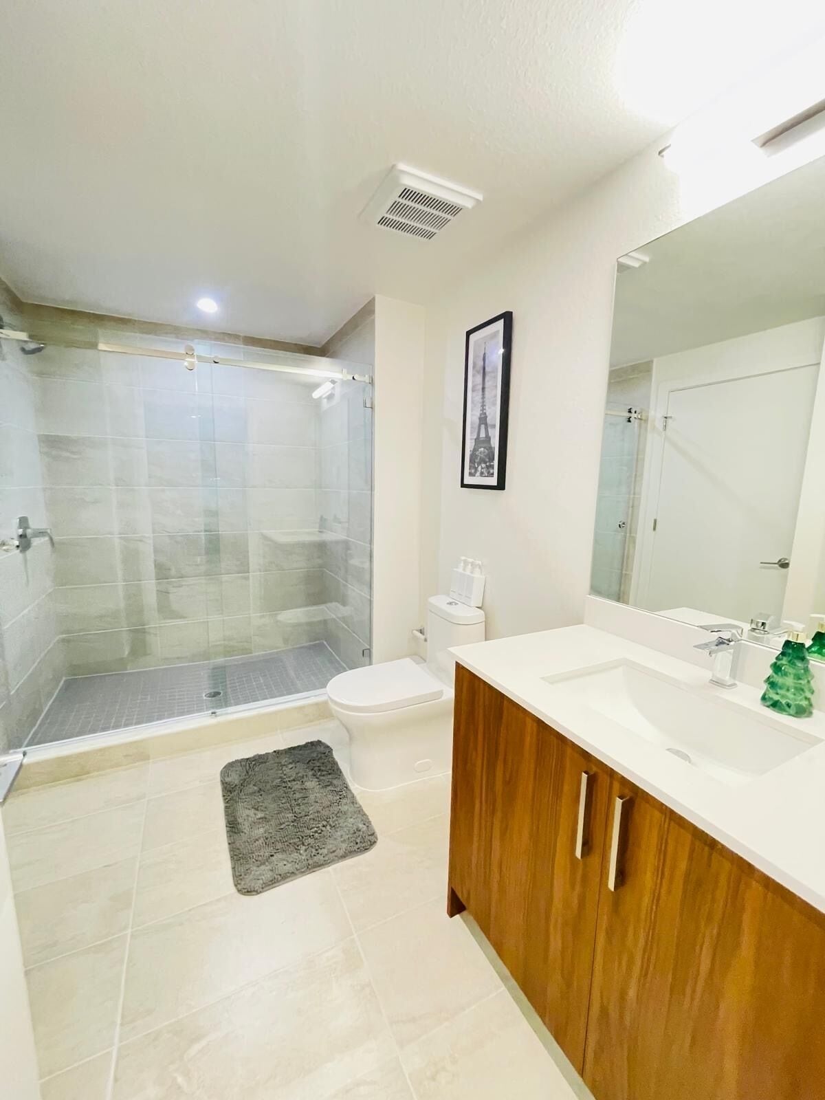 A modern bathroom with a glass-enclosed shower, a toilet, a vanity with a mirror, and a framed picture on the wall.