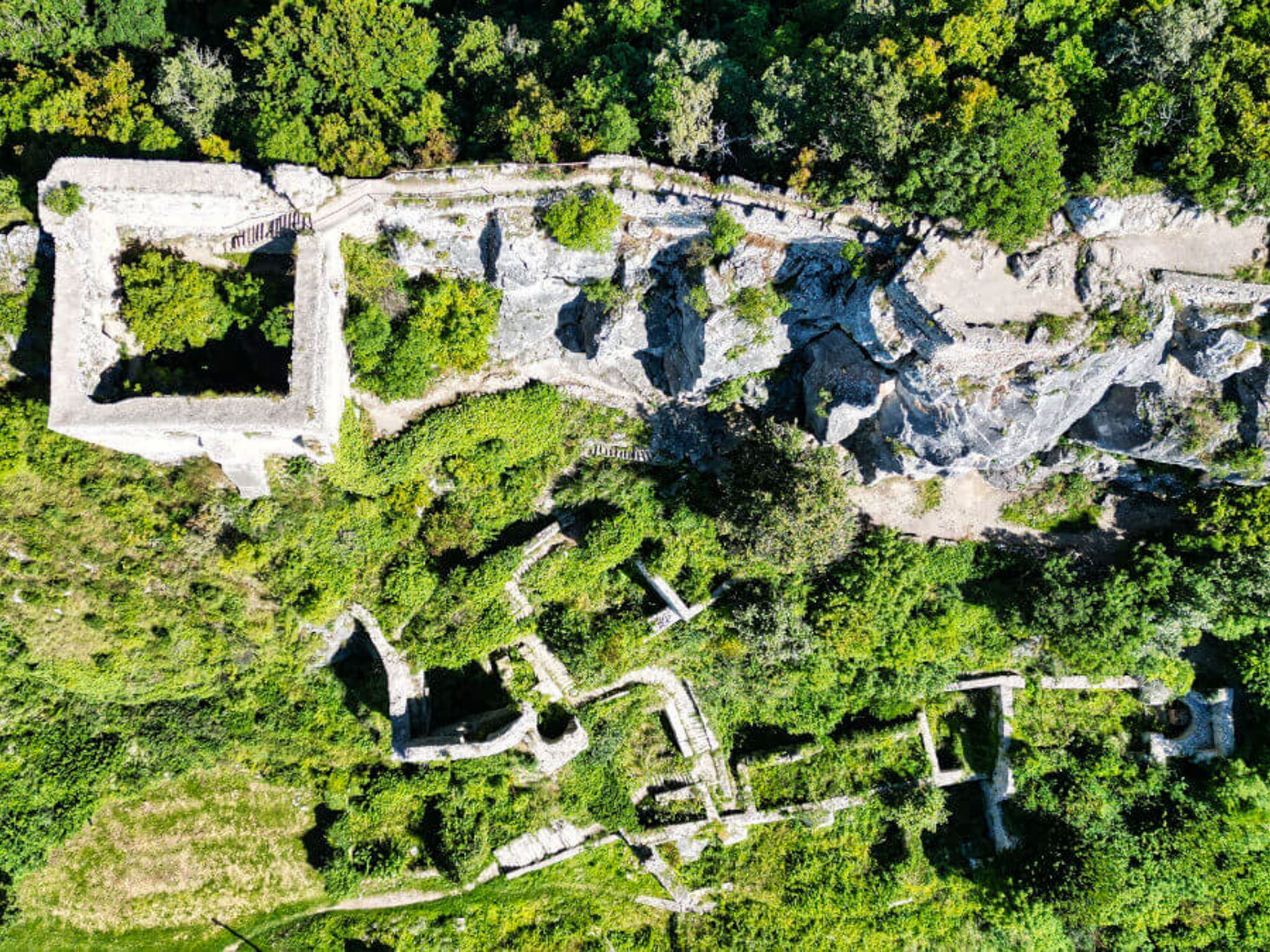 An aerial view of an ancient ruin with stone structures and pathways, surrounded by dense greenery.