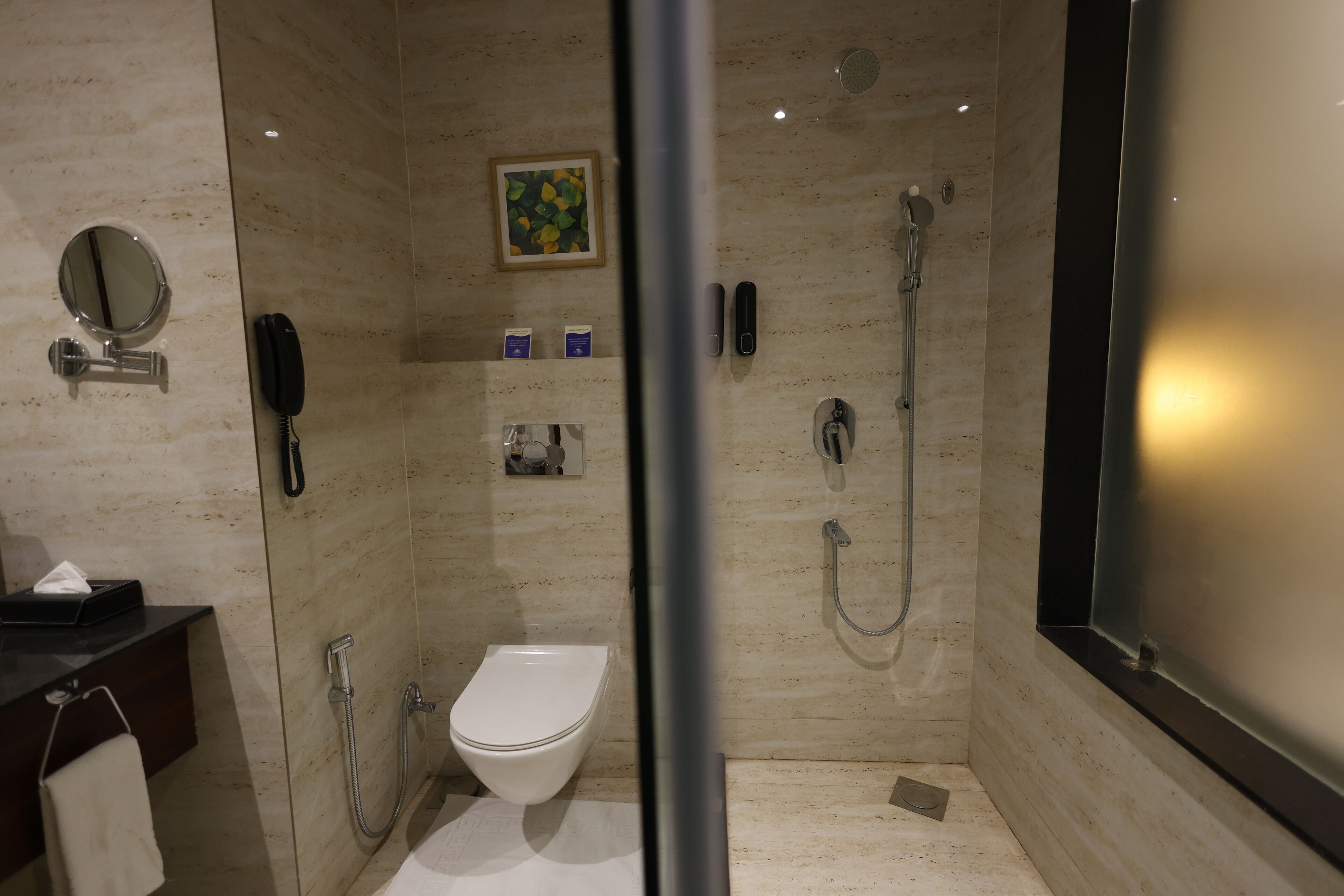 A modern bathroom with a toilet, shower, and a glass partition.