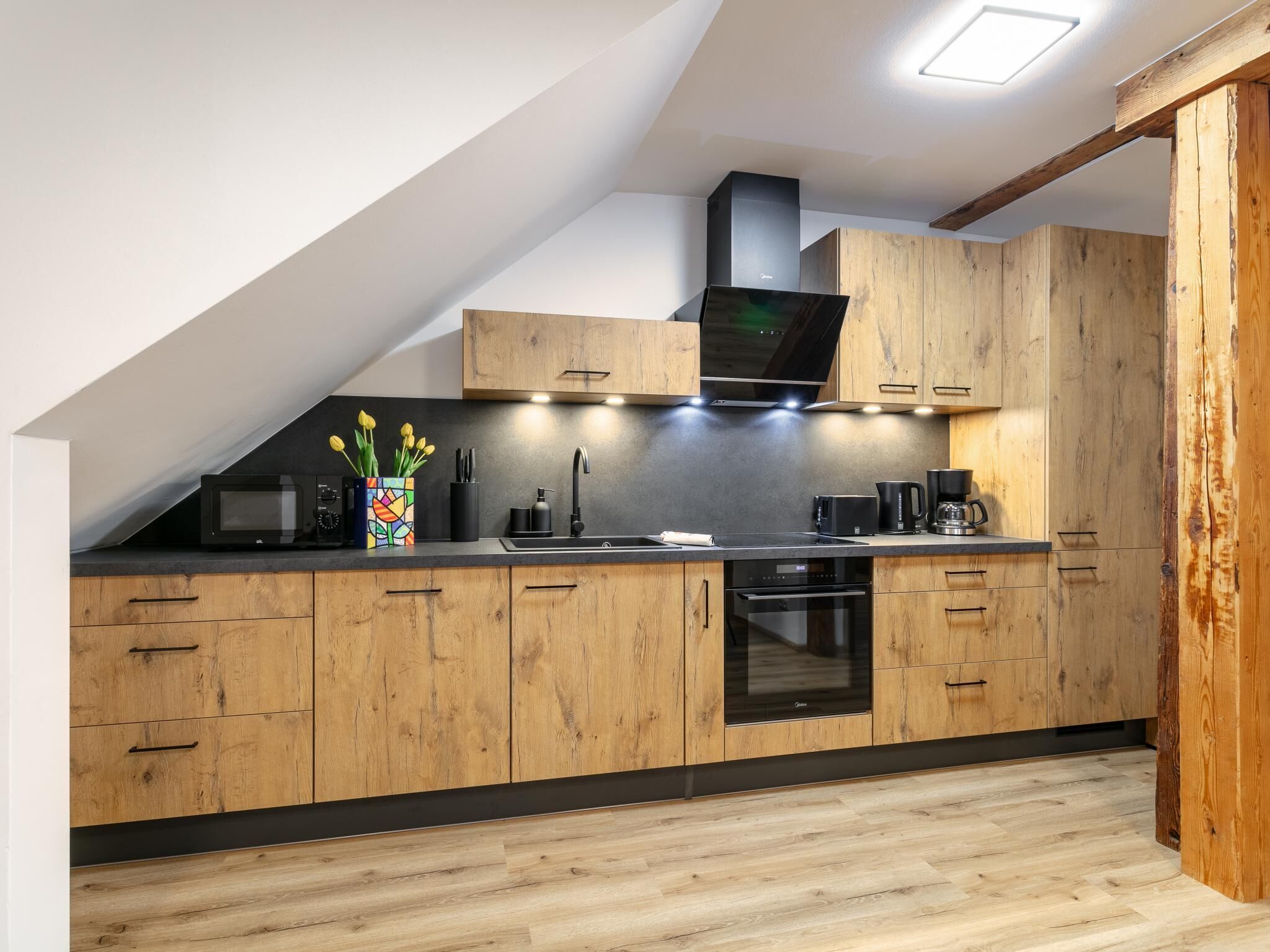 Kjøleskap, ovn, kokeplater og kaffetrakter/tekoker