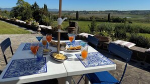 Área de refeições ao ar livre com mesa posta para dois, com toalhas de mesa estampadas em azul e branco, dois copos de suco de laranja, um prato de batatas fritas e uma garrafa de água.