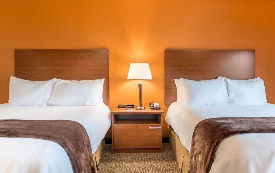 Drift off on crisp linens with warm bedside lighting.