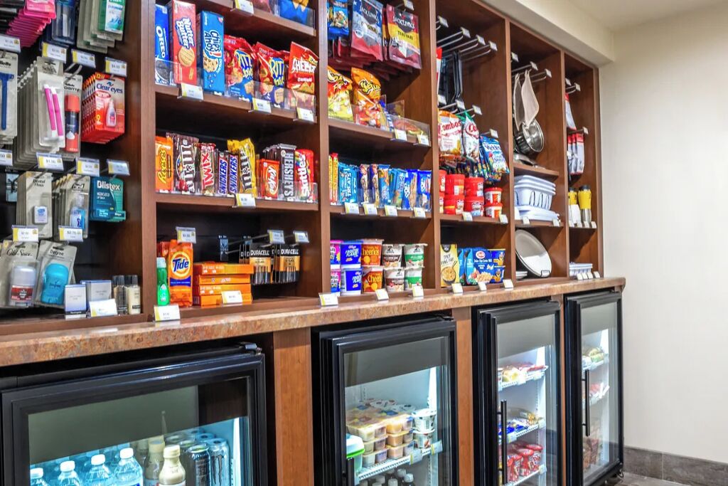 Grab snacks anytime from the well-stocked on-site market.