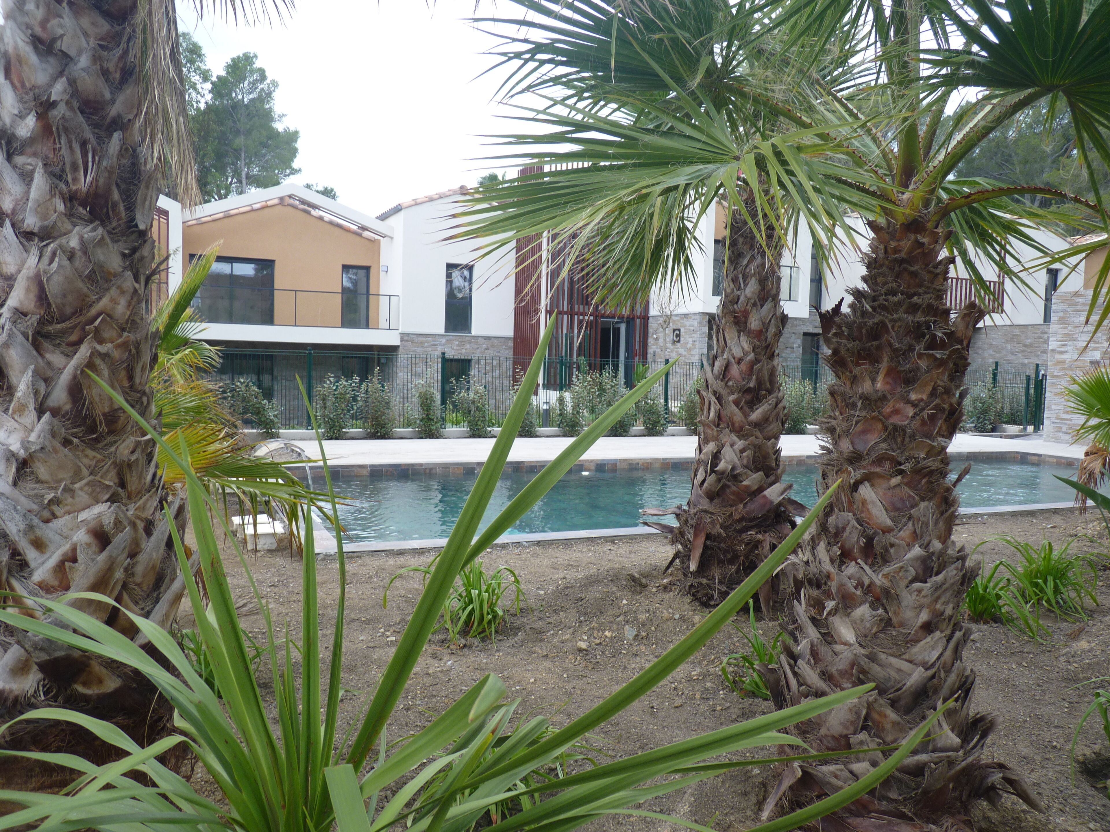 A modern building with a pool, surrounded by palm trees and greenery.