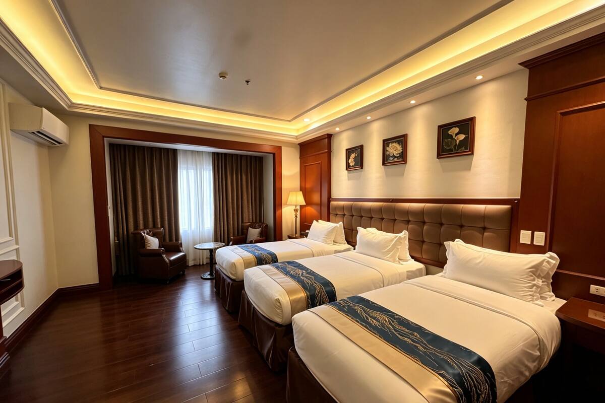 A hotel room with two beds, a sitting area with a chair and a table, and a large window with curtains.