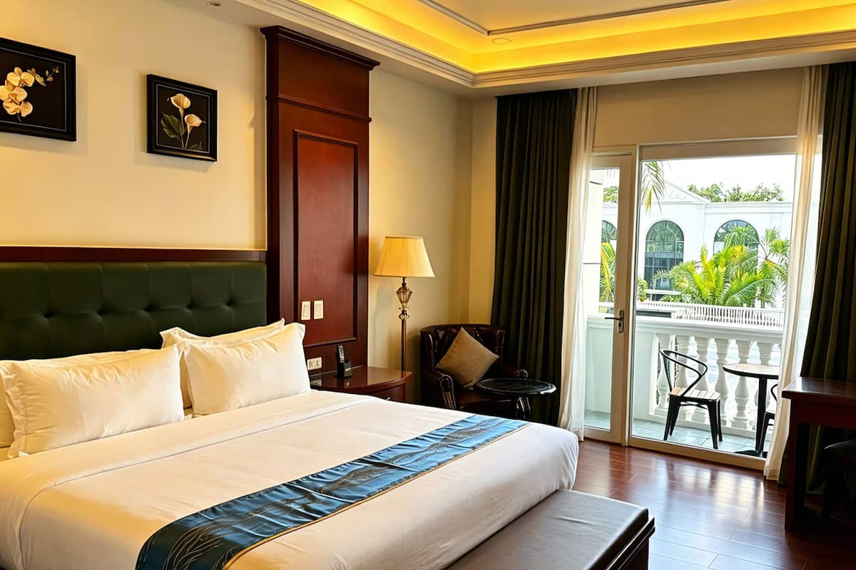 A hotel room with a large bed, a desk, a chair, a lamp, and a view of the outdoors.