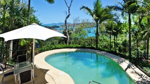 Ein geschwungener Pool mit einem weißen Sonnenschirm und Metallstühlen, umgeben von einem schwarzen Zaun und üppiger Bepflanzung.