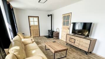 Una televisión, una chimenea