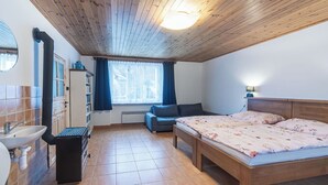 Une chambre avec un plafond en bois, un lit, un canapé, une fenêtre avec des rideaux, un radiateur et une salle de bain avec un lavabo et un miroir.